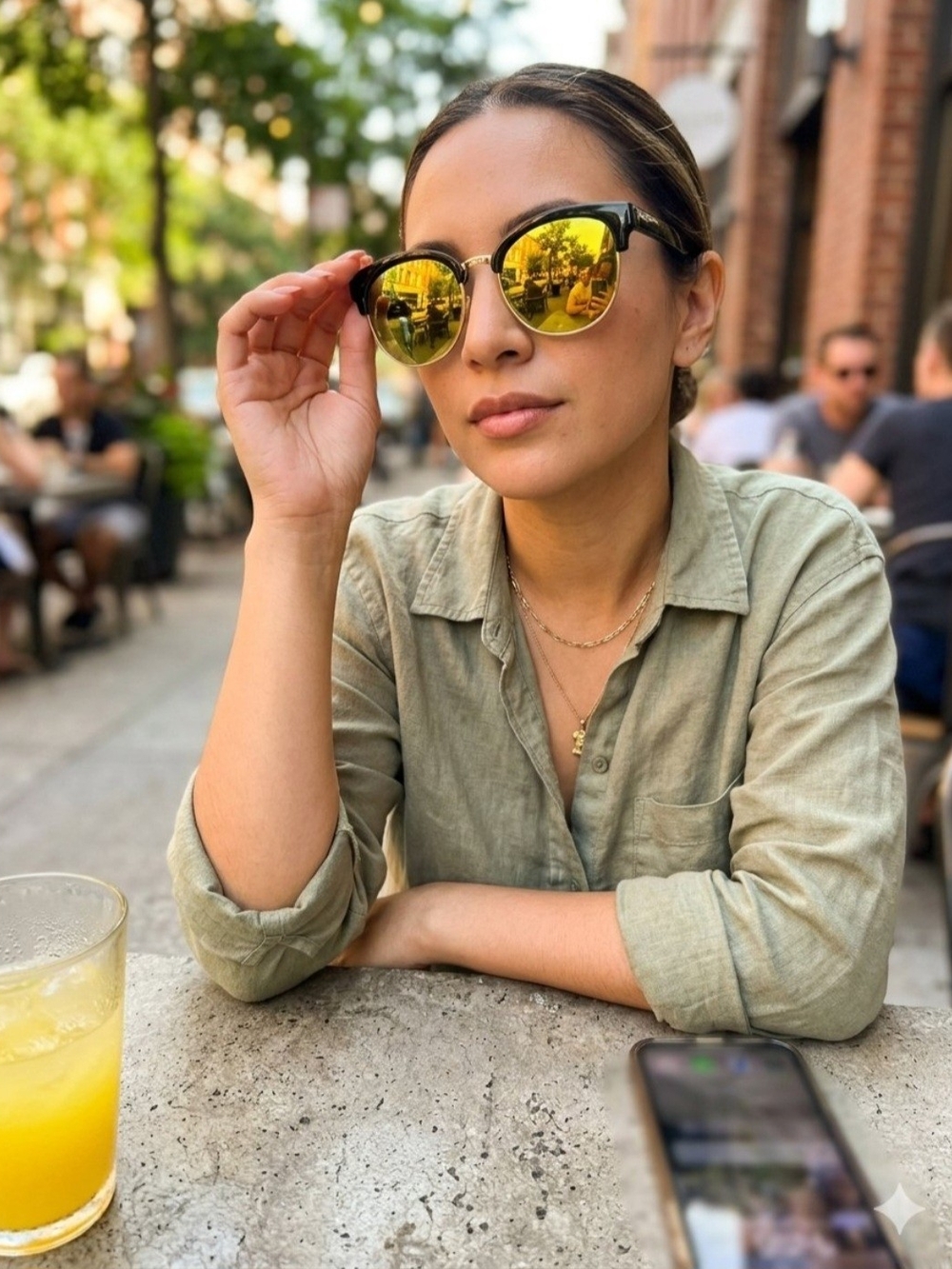 Polarized Round Cat-Eye Sunglasses in Black with Gold Lenses